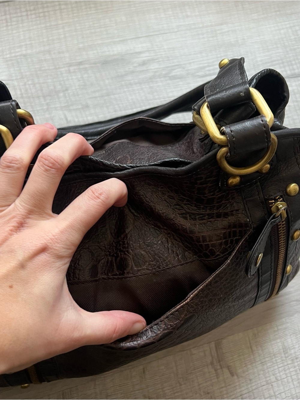 Great American Leatherworks Satchel Shoulder Bag Croc Embossed Brown Black - Picture 8 of 12